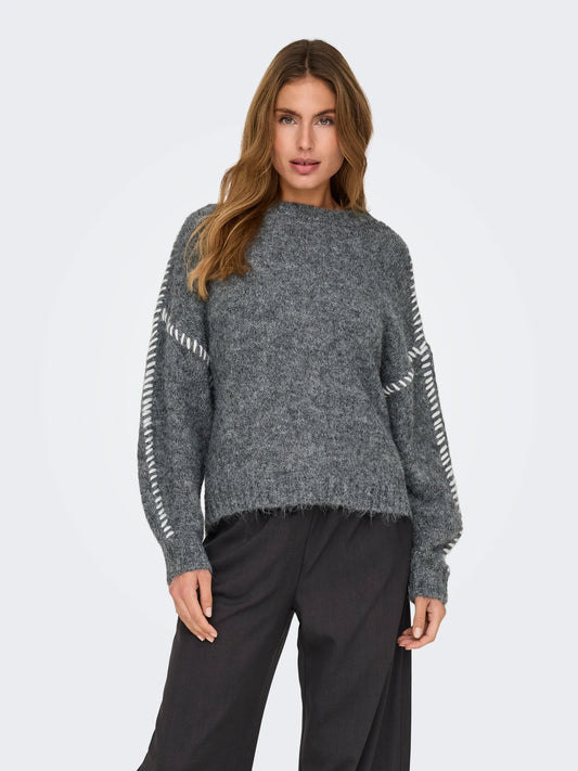 JDYZOEY LIFE L/S ON STITCH PULL KNT DARK GREY